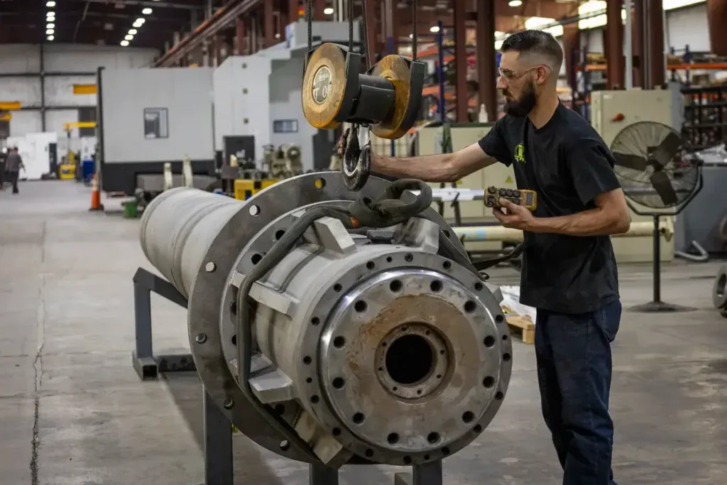 Man bringing hook over to large cylinder to lift it